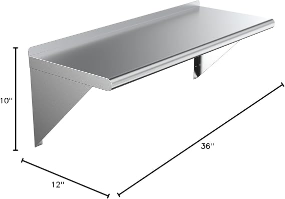 KPS Stainless Steel Wall Shelf 12 x 36 NSF Certified Commercial Kitchen Shelf with Wall Mount Brackets for Restaurant or Food Truck Use