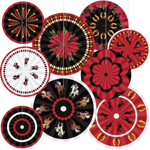 Image of Outus 9 Pcs Horse Racing Paper Fans Derby Day Hanging Decorations Horserace Festival Party Paper Fans Hanging Ceiling Wall Decors for Racing Equestrian Themed Birthday Party Supplies