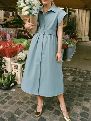 Image of Jenkoon Women's Turn Down Collar Shirt Dress with Belt Short Sleeve Shell Trench Coat Formal Dresses