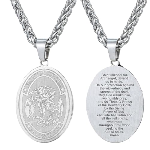 SAELACY St Michael the Archangel Necklace Pendant Necklace for Women Men with 3mm Wheat Chain 20"+2" (white, chain length: 20"+2")