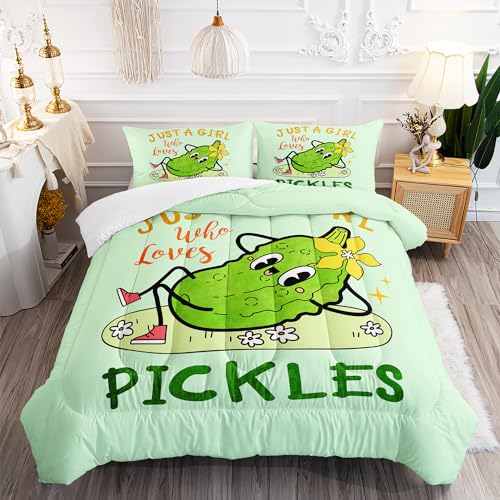 Image of AILONEN Pickle Comforter Set Twin Size, Cartoon Vegetable Printed Bedding Set,Just A Girl Who Loves Pickles Comforter Sets for Girls Kids,Cute Cucumber Pattern Duvet Set 3Pc,1 Quilt and 2 Pillowcases