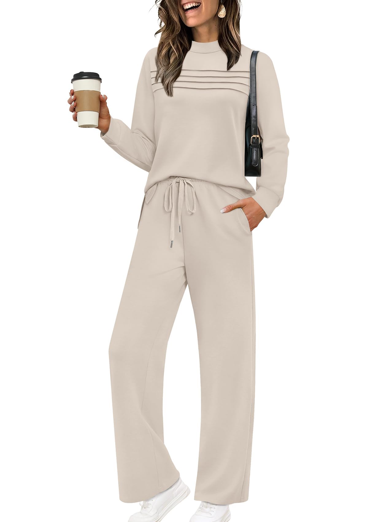 WIHOLL Two Piece Sets for Women Fall Travel Vacation Outfits 2026 Long Sleeve Lounge Sets Side Slit Wide Leg Pants XS-3XL