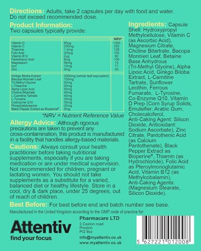 Attentiv Focus+ Formula | Advanced Brain Supplement for Focus, Memory, Energy & Cognitive Clarity | Vitamins D, C, B12, Magnesium, Zinc | Ginkgo Biloba, Bacopa Monnieri, L-Theanine | 60 Capsules - Image 5