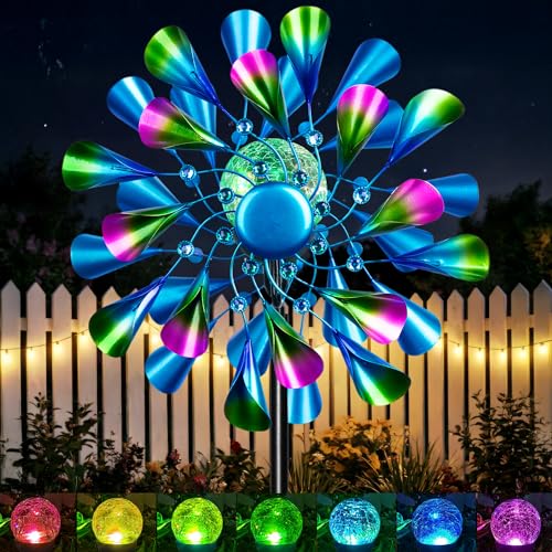 Image of Solar Wind Spinner Outdoor Metal - Peacock Kinetic Garden Sculptures with Color-Changing LED Lights, Waterproof Wind Catchers Yard Art Decor for Patio Lawn, for Women (Green)