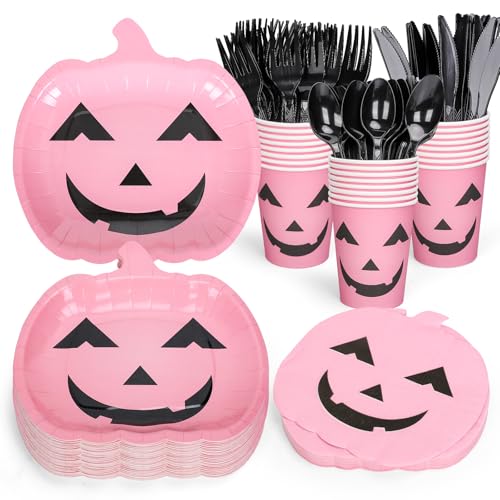 144Pcs Halloween Pumpkin Tableware Set Pink Cute Pumpkin Disposab...
