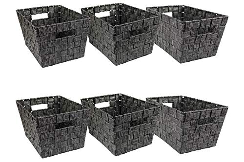 🔥 Crazy Deals Badgley Mischka Woven Storage Basket/ Office Organizer (Set of 6) Black Large Lurex Baskets- 7" Deep Decorative Stackable Tote Box for Closet Shelf, Shoe Bin, Container for Kitchen Pantry Organizing