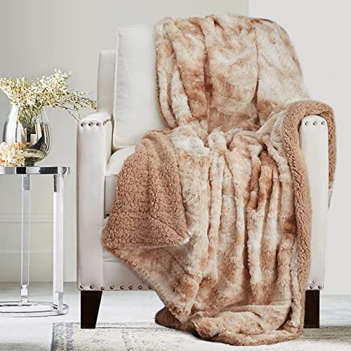 The Connecticut Home Company Soft Fluffy Warm Faux Fur and Sherpa Throw Blanket, King Bed 108x90, Luxury Thick Fuzzy Blankets for Bedroom Decor, Comfy Washable Bedding for Sofa, Couch, Beige Tie Dye