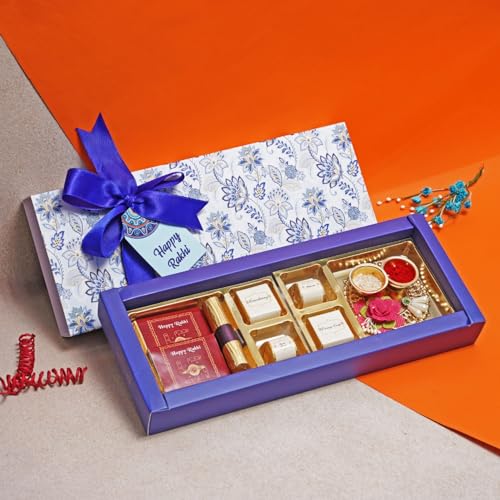 Image of Velvet Fine Chocolates Chilhood memories Rakhi box | Kumkum Thali, Evil Eye Rakhi & Assorted Chocolates | Perfect for Rakshabandhan | Pack of 1