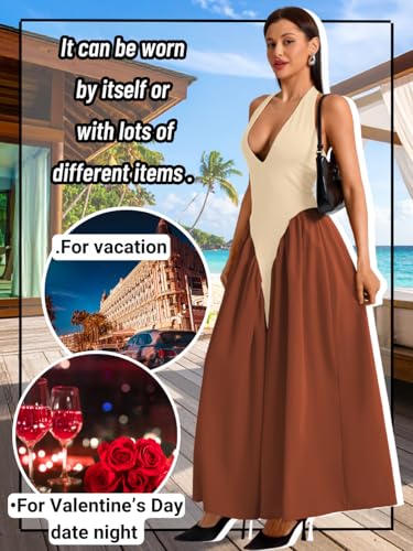 Image of ChiaoLezhee Deep V Neck Dress, Halter Maxi Dresses, Vacation Date Night, Sexy for Women Corset Flowy Wedding Guest Drop Waist