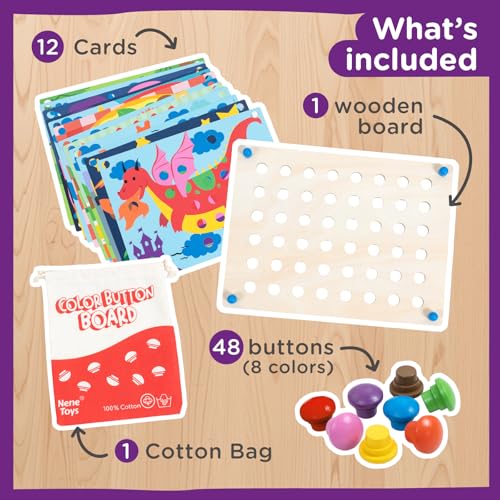 Image of Nene Toys Wooden Color Matching Button Board [Large Edition - 48 Buttons, 8 Colors] - Montessori Pegboard Puzzle for Toddlers 2+ - Fine Motor Skills Toy with 12 Matching Cards for Kids Ages 2 3 4