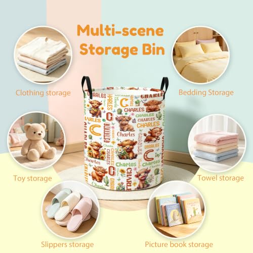 Image of Custom Highland Cow Laundry Hamper, Personalized Laundry Basket with Name, Customized Dirty Clothes Basket for Clothes Toy Bathroom Bedroom Storage,S-16.5 inchX 13.8 inch