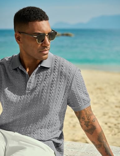 Image of JMIERR Men's Casual Polo Shirt Knitted Textured Short Sleeve Stretch Golf Shirt Summer Vacation Beach Collared Shirts