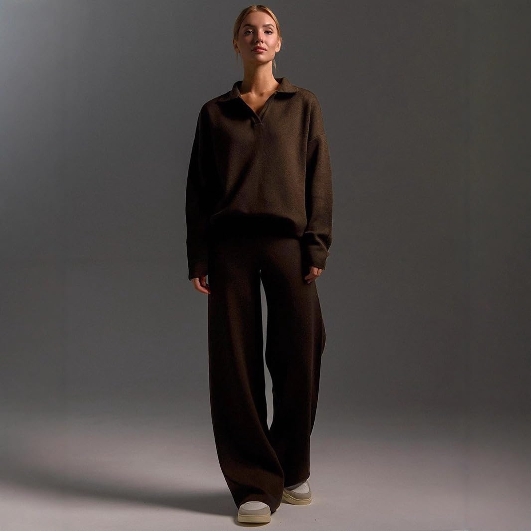 Damen Strickoutfit V-Ausschnitt Pullover mit geraden Weitbein Hosen Elegantes einfarbiges Set
