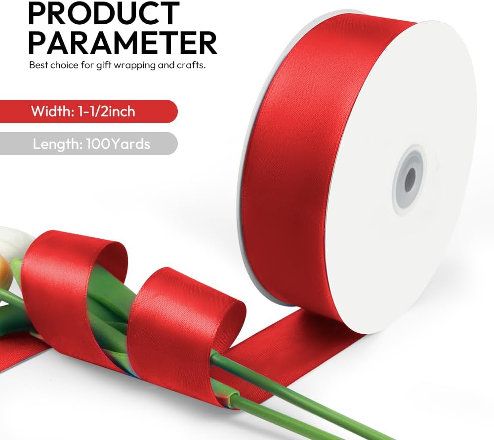 100 Yards 1-1/2 Inch Red Satin Ribbon, Single Face Fabric Ribbon for Gift Wrapping, Wedding, Birthday Party, Christmas Decoration, Craft, Hair, Floral, Sewing - Image 2