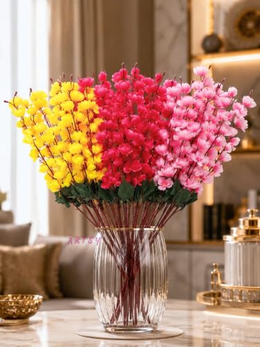 Image of ARTSY Artificial Flowers Bunch for Decoration Cherry Blossom, Ideal for vase, Home, Office Decor, Gifts, Craft, Artificial Plants for Decoration, Without vase, Assorted, Combo, 3 Piece, 55 cm Height