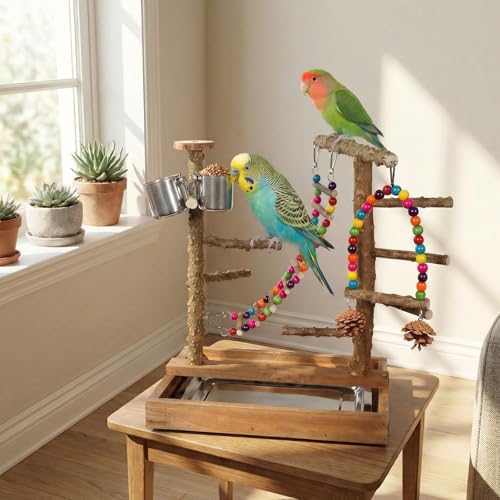Image of Wooden Bird Play Stand Parrots Playground Perch Stand with Bird Ladder Chewing Toys and 2 Stainless Steel Cups (Brown)