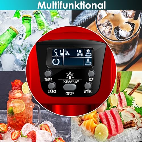 Foto von KESSER® Eiswürfelbereiter | Eiswürfelmaschine Edelstahl | 100W Ice Maker | 12 kg 24 h | 2 Würfelgrößen | Zubereitung in 6 min | 2 Liter Wassertank | Timer | LCD-Display | Wassertank, mit Zubehör Rot