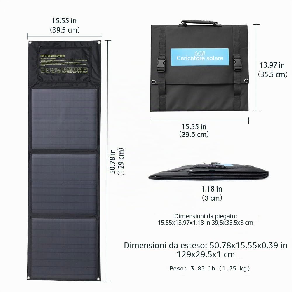 60W Caricatore Solare per esterni - Caricabatterie Solare Portatile con ricarica rapida Tre porte per il campeggio iPhone iPad Samsung Galaxy LG Cellulari e dispositivi