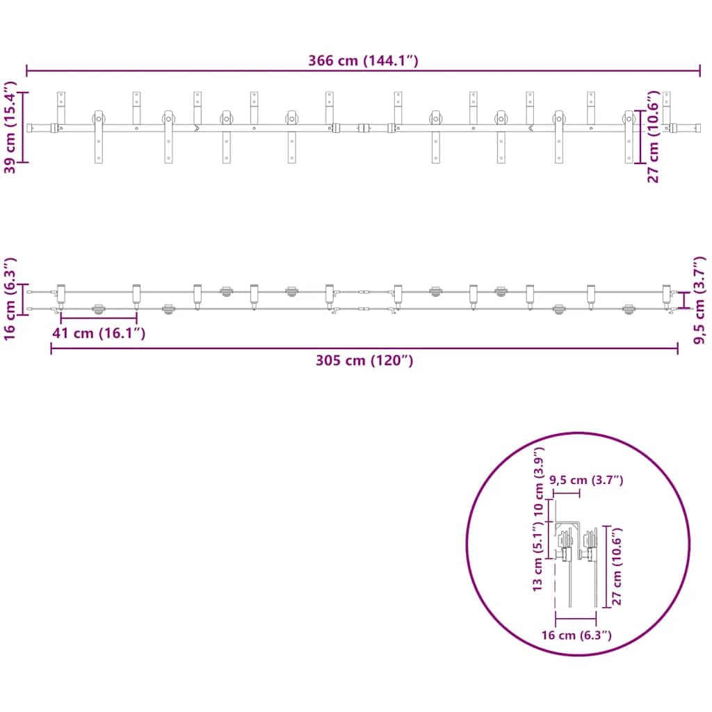 Juego de herrajes para puerta corredera de 366 cm de acero con recubrimiento en polvo negro con riel para puerta, ruedas y soporte de derivación para puertas de granero, armarios, despensas