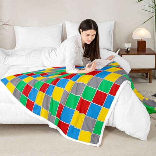 Image of Erosebridal Geometric Checkered Sherpa Blanket Colorful Checkerboard Fuzzy Plush Throw Rainbow Plaid Fleece Blanket for Kids Boys Girls,Red Blue Green Yellow Grids Decor for Bed Couch Throw 50 inchx60 inch
