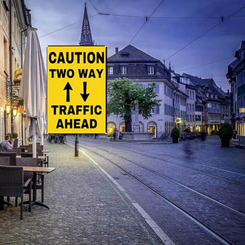 Image of Caution Two Way Traffic Ahead Metal Sign Wall Decor Street Signs 8X12Inch