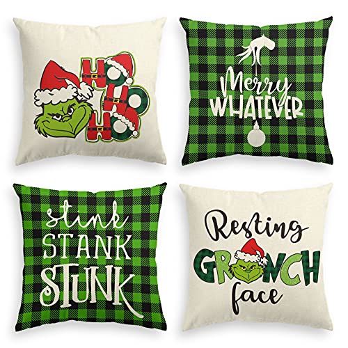 Artoid Mode Büffelkarierte Grinch Grün Frohe Weihnachten Dekorativ Kissenbezüge 4er Set, 45 x 45cm Aquarell Zierkissenbezug Winter Urlaub Kissenbezug Dekoration für Sofa Couch Schlafzimmer Wohnzimmer Cover