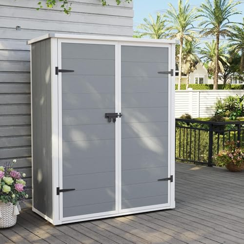 Image of UDPATIO 51 Cu.ft Resin Outdoor Storage Shed with Floor, Weatherproof Vertical Plastic Tool Shed for Backyard&Pool&Lawn&Garden, Grey