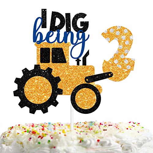 Gold Glitter Bulldozer 2 Cake Topper Cheer to Construction I Dig Being Theme Decor Supplies Boys Girls Happy 2nd Birthday Party Decorations