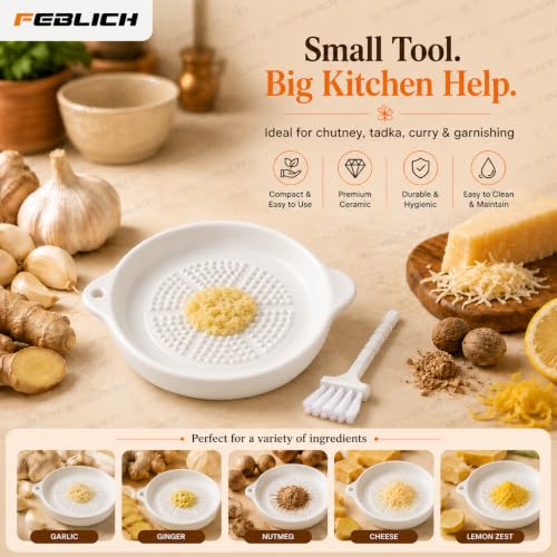 Image of Ceramic Garlic Grater Plate with Brush Manual Crusher Grinder Tool for Ginger, Garlic, Turmeric, Nutmeg, Fruits & Vegetables Durable, Easy to Clean, Non-Slip Kitchen Utensil (Small)
