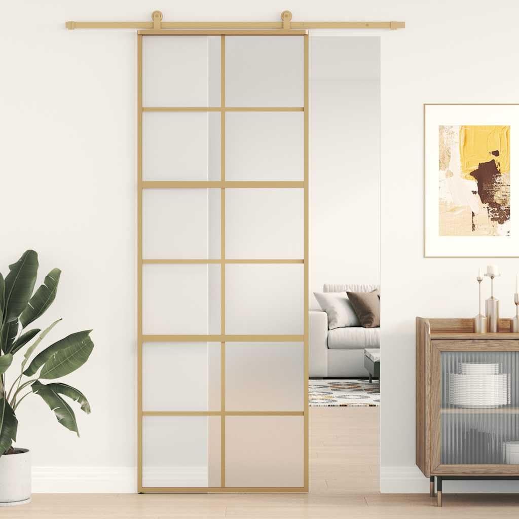 Drzwi przesuwne Golden 76 x 205 cm, matowe szkło ESG, aluminiowe skrzydło drzwi z wytrzymałą ościeżnicą i uszczelką do korytarza, domu, nowego budynku, renowacji, z bezpieczeństwem i ochroną