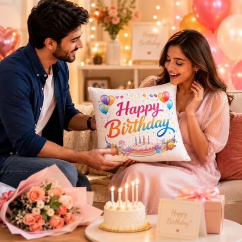 Image of Premium Happy Birthday Throw Pillow Cushion 16x16 Inch with Filler | Cute Kids Birthday Design for Boys & Girls | Birthday Decoration Cushion for Home, Sofa & Party Decor