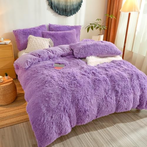 Furry Fluffy Purple Comforter Cover Twin Set – Faux Fur Furry Purple Bedding 2-Piece Set (1 Plush Duvet Cover + 1 Shaggy Pillow Sham) Cozy Bed Set