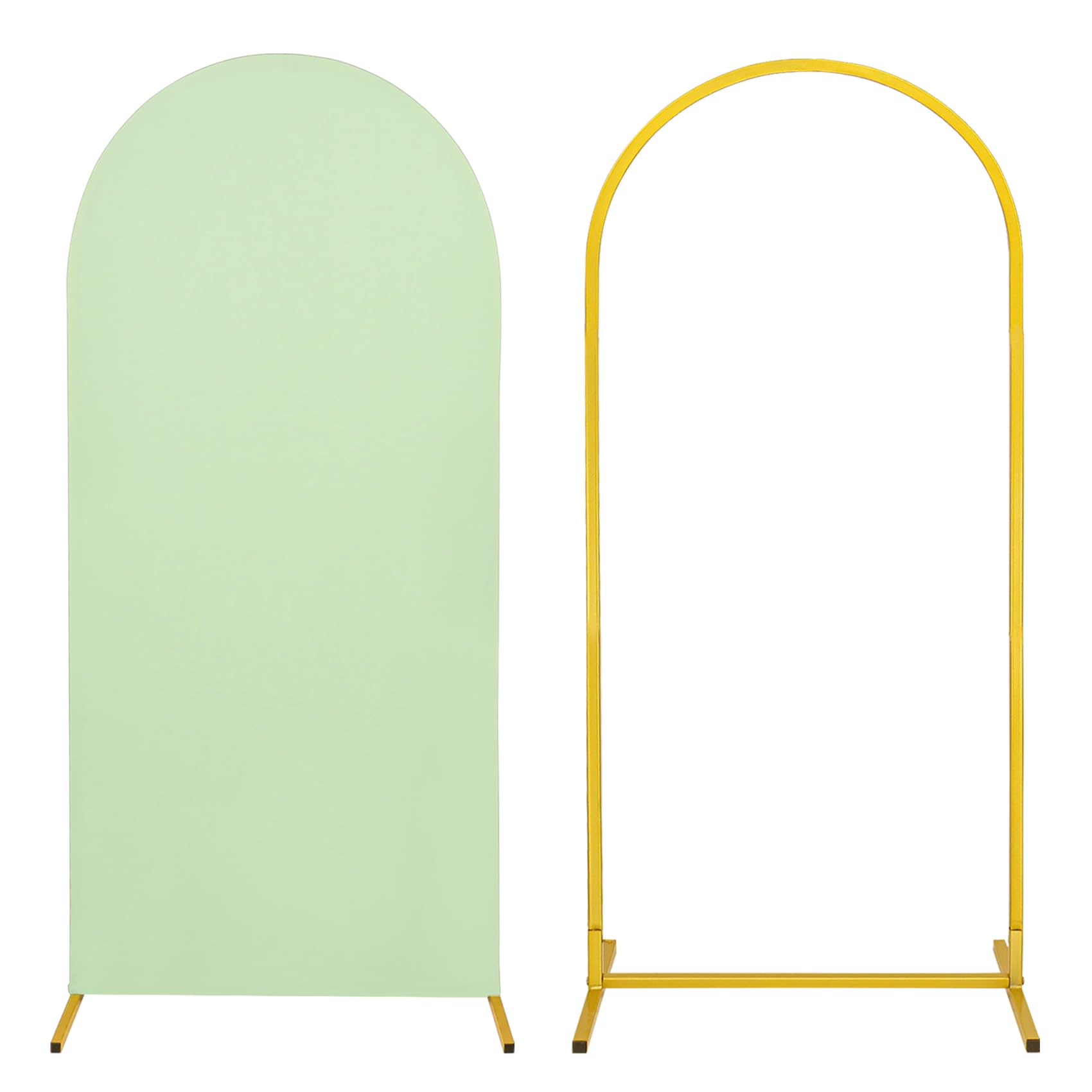metal arch stand and cover set,1 sage green spandex fitted backdrop with 1 gold wedding arched stand frame for parties birthday baby shower bridal banquet decoration (6ft)