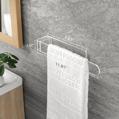 Image of Taozun Adhesive Towel Holder - Clear Towel Bar Stick on Wall, 11.8-Inch Acrylic Hand Towel Rack Plastic Towel Ring for Bathroom