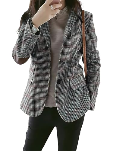 Leyoutx Damenblazer mit gekerbtem Revers, Wolle, kariert, schmale Langarmjacke mit Ellenbogen-Patch, GRAU, L