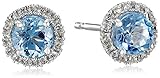 Sterling Silver Swiss Blue Topaz Round with Created White Sapphire Halo Stud Earrings