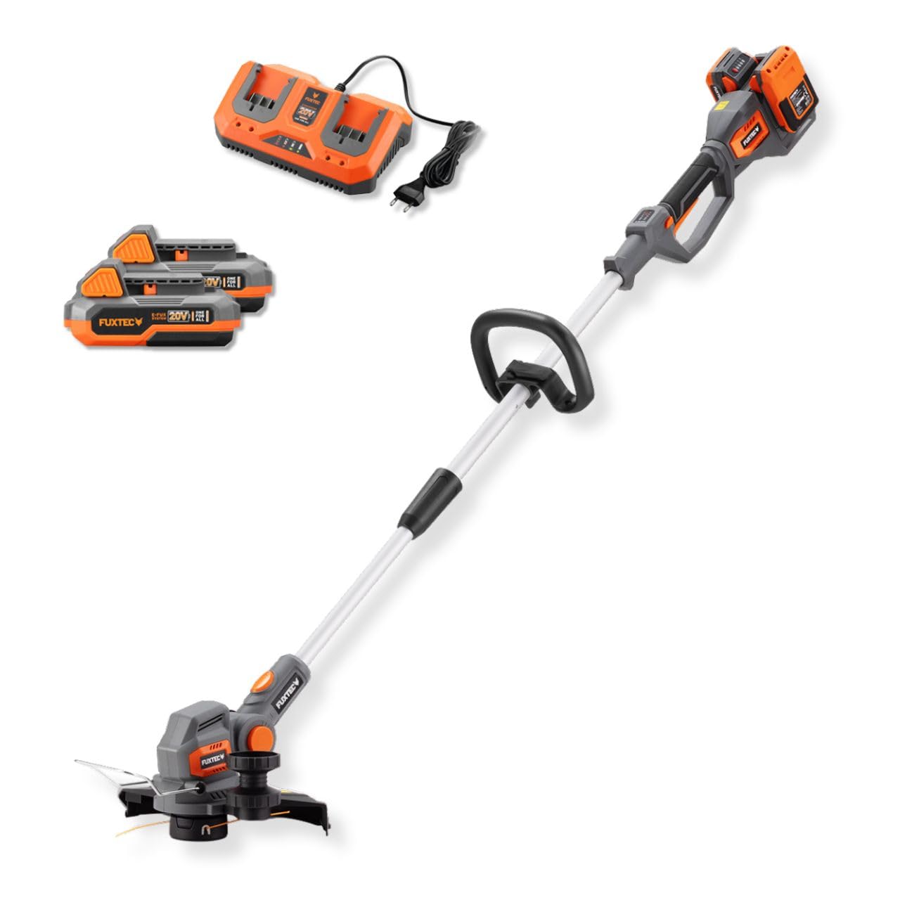 FUXTEC Akku Motorsense FX-E2RTSET • Rasentrimmer mit 2x20V Akku-System • 30 cm Schnittbreite • Teleskopstiel 138,5–173,5 cm • 8000 U/min • Trimmer und Kantenschneider mit Pflanzenschutzbügel