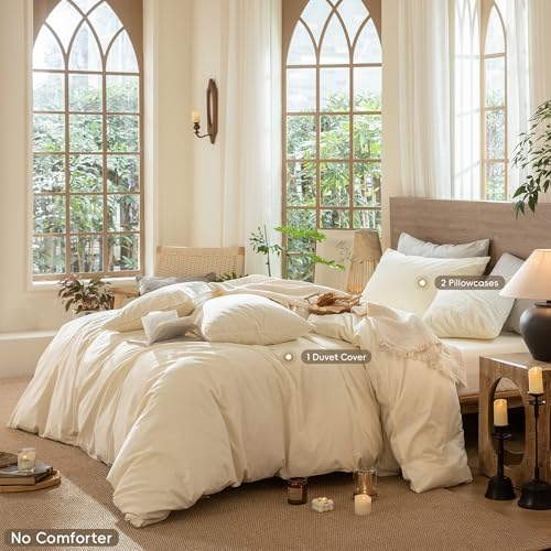 Image of MooMee Wavy Striped Duvet Cover Set 100% Washed Cotton Linen Like Textured Breathable Durable Soft Comfy (Cream White, Full 80 inchx90 inch)