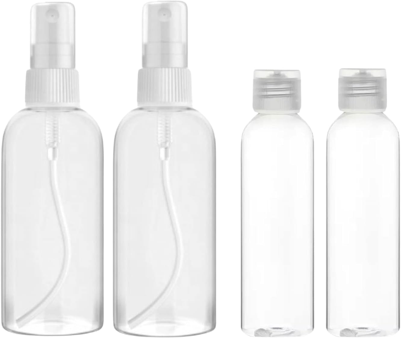 N3ma 4 Pcs Spray Bottles Set. 2pcs 100 ml fine mist sprayer 2pcs 100ml flip top squeezable. Refillable with water or any solution for travel, cleaning, disinfecting, sanitizing and cosmetics purposes