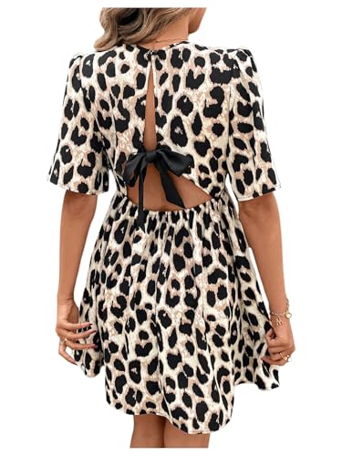SweatyRocks Women's Leopard Print Bowknot Puff Short Sleeve Dresses Summer Casual V Neck Wrap Front Dress Multicolor Small