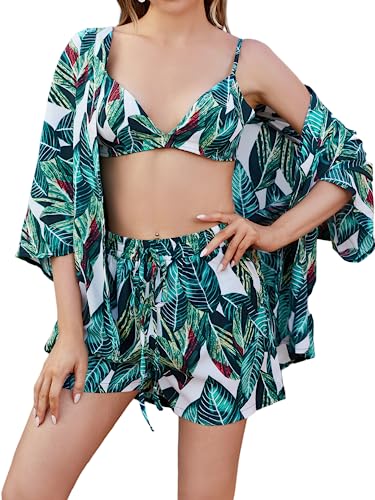 Floerns Women's 3 Piece Outfit Kimono Cardigan Crop Cami Top
