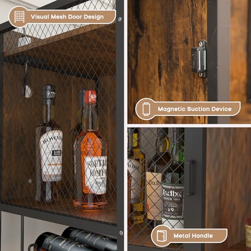 LAITIMIA Gabinete de bar de vino con tomas de corriente, barra de café con ruedas, carrito de licor con puerta de malla, gabinete de buffet con estantes de vino y soporte para vidrio, para el hogar - imagen 4