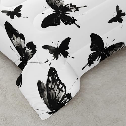 Image of AILONEN Queen Monochrome Butterfly Comforter Set, Black White Ink Wash Bedding, Minimalist Nature Decor, Lightweight Cozy Microfiber Luxury Guest Master Bedroom