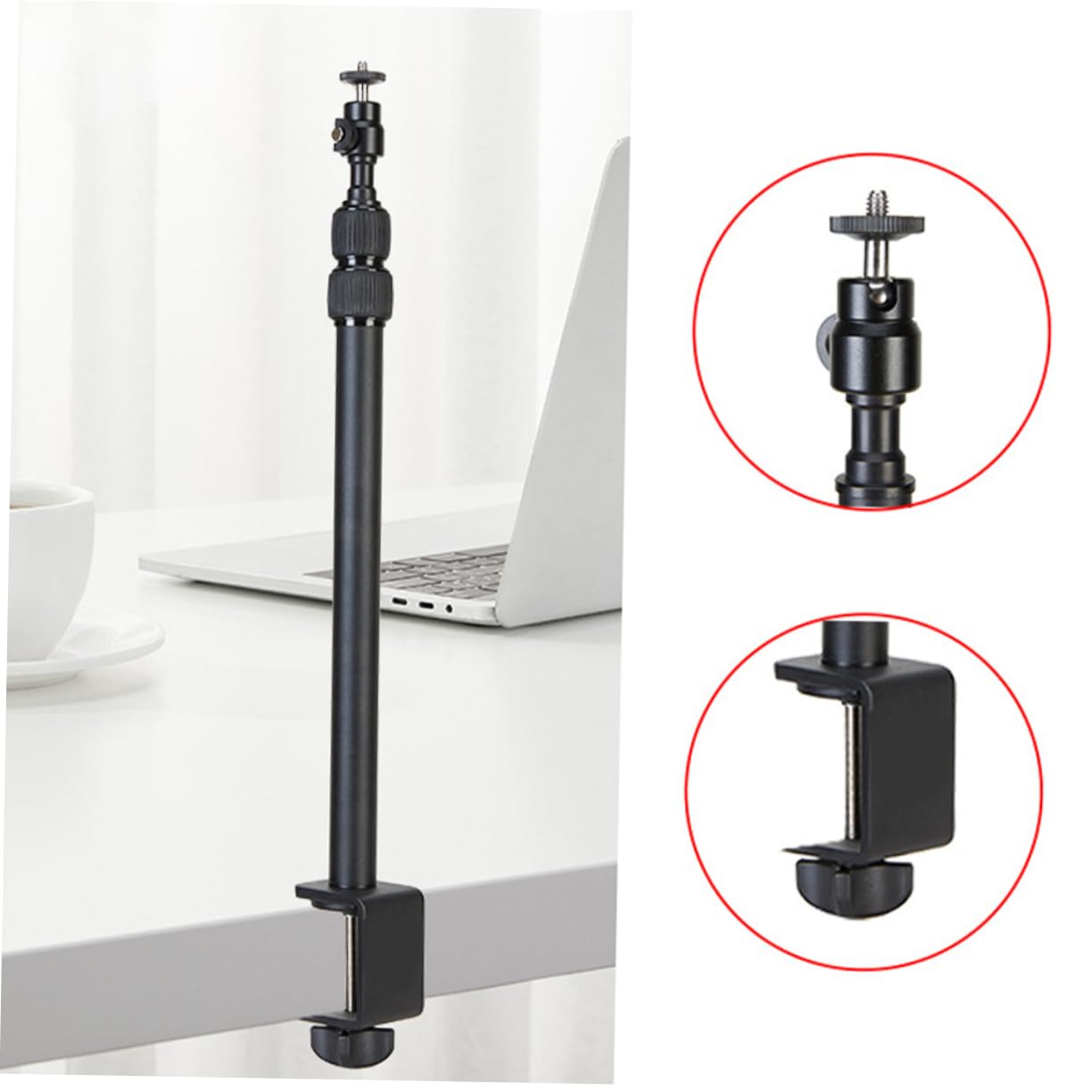 NUOBESTY Supporto da Scrivania per Camera Filettatura 1/4 in Alluminio Nero | Snodo Sferico, Asta Telescopica 38, 5-93, 5cm, Rotazione 360°, per Proiettore e Anello Luminoso