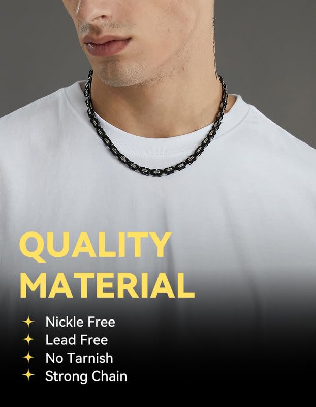 ChainsHouse Flat Byzantine Link Necklace for Men 6mm/8mm/10mm Width, 18K Gold Plated/Stainless Steel Black Byzantine Chain Necklaces, 18" 20" 22" 24" 26" 28" 30" Length, with Gift Box2