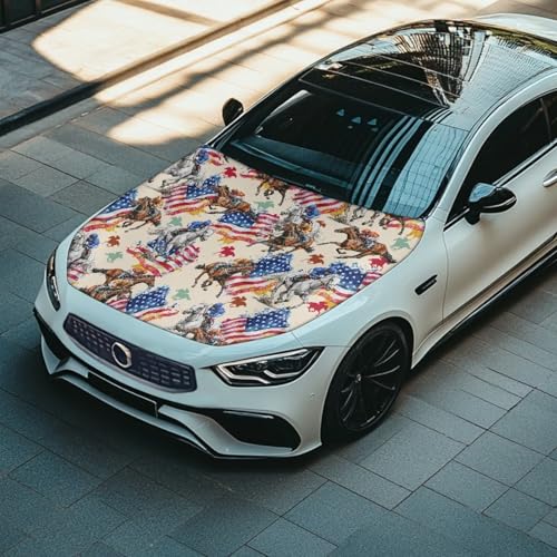 Image of Car Hood Cover Protector Stretchable Horse and American Flag Car Hood Wraps Auto Banner Auto Decorative Accessories for Compact Sedans SUV Trucks (59x39 Inch)