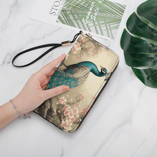 Oriental Peacock on Flower Tree Wristlet Long Wallet Womens Purse Zip Clutch Large Capacity Leather Purse Credit Coin Purse4