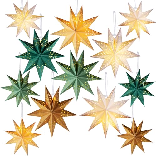 Cinnvoice 12 Set Christmas 3D Paper Star Lantern 7/9 Pointed Sage Green Hanging Star Paper Lantern with String Light 12 and 17.72 Inch Hollow Lampshade for Xmas Wedding Birthday Decor(9 Pointed)