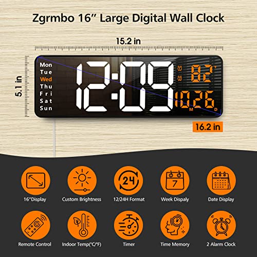 Zgrmbo 16" Large Digital Wall Clock With Remote, Large Display Digital Clock With Time Date Temp Week, 12/24H, Auto/Custom Brightness, Timer, Wall Mount For Living Room/Gym/Shop/Warehouse/Office Decor #TOP1