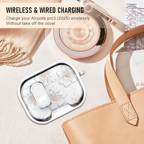 Image of Compatible Airpods Pro 3 Case (2025) with Phone Stand & Cleaner Kit,Cute Flower Print Soft Silicone Lock Clip Apple AirPods Pro 3rd Generation Case, Airpod Pro 3 Cover with Keychain for Women /Girls